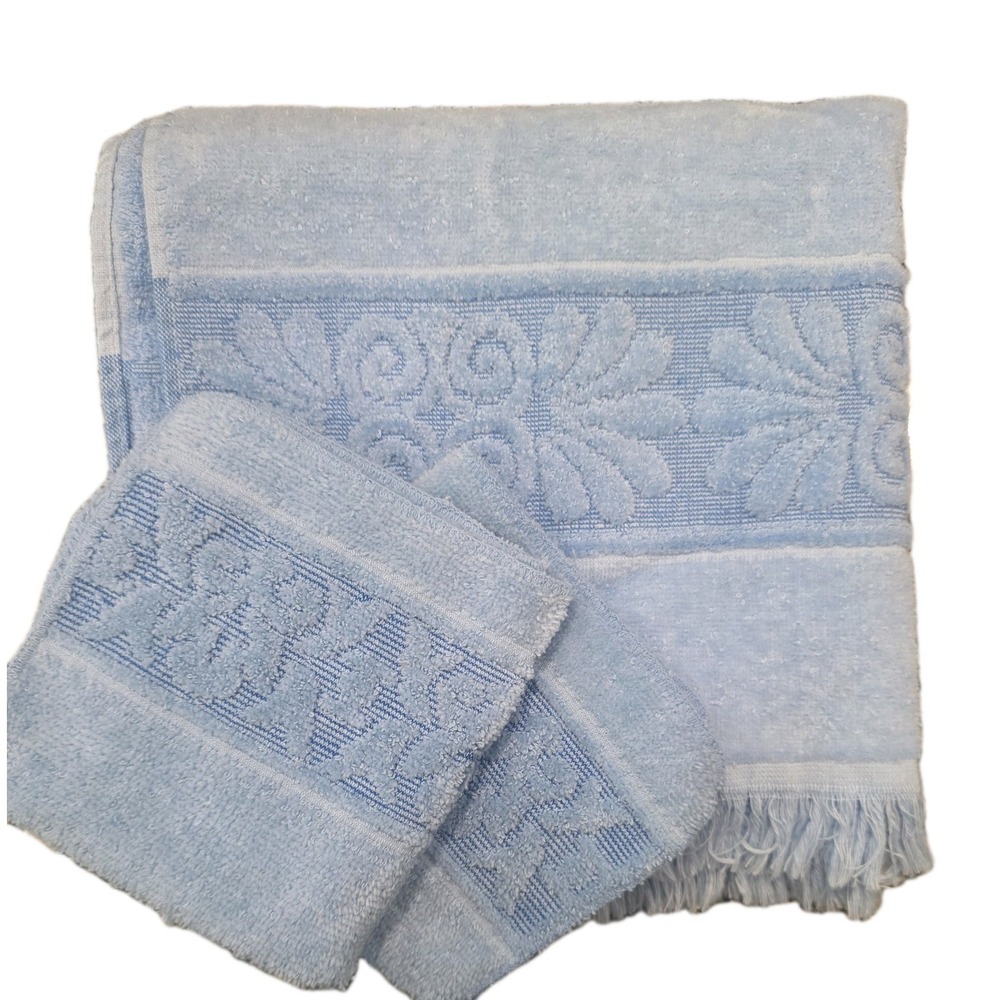 Vtg Retro Cannon Monticello Bath Towel Washcloths Blue MCM Fringe Retro 1970s